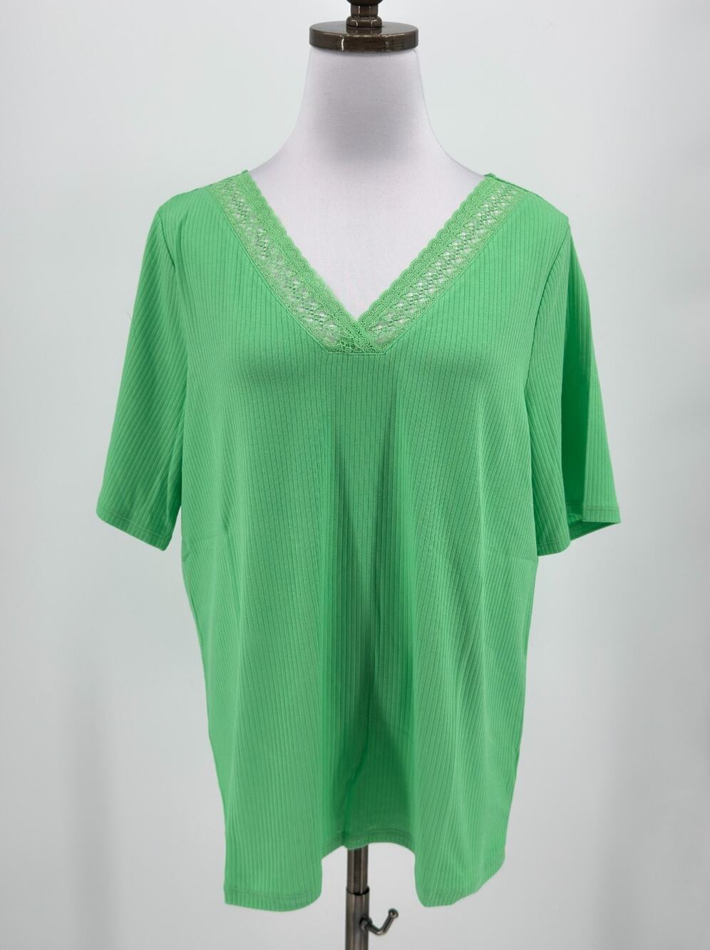 Talbots Vibrant Green Lace Trim V Neck Ribbed Short Sleeve Top Sz 1X NEW